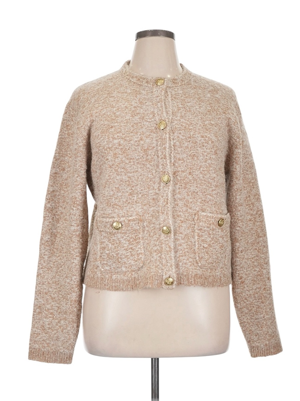 J. Crew Sweater Lady Jacket in Stitch Wool Blend Size XL Tan Cozy Gold Buttons